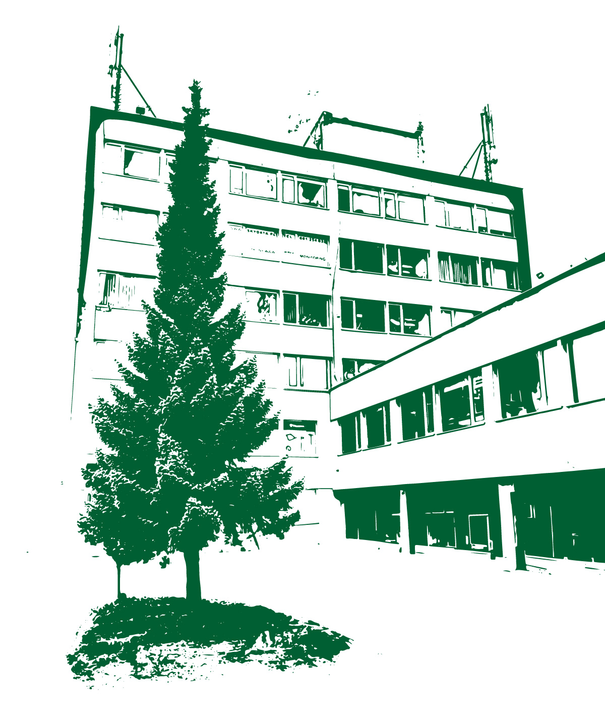 zarys budynku siedziby ŚZPP w zielonych barwach z drzewem na pierwszym planie